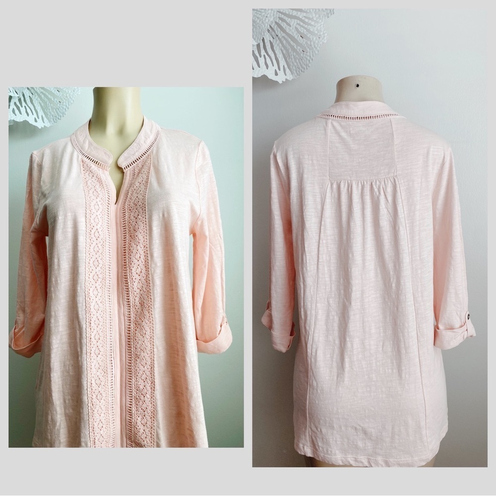 Soft Surroundings Pink Plush Rose Embroidered Tunic 100% Cotton Soft Quality Top